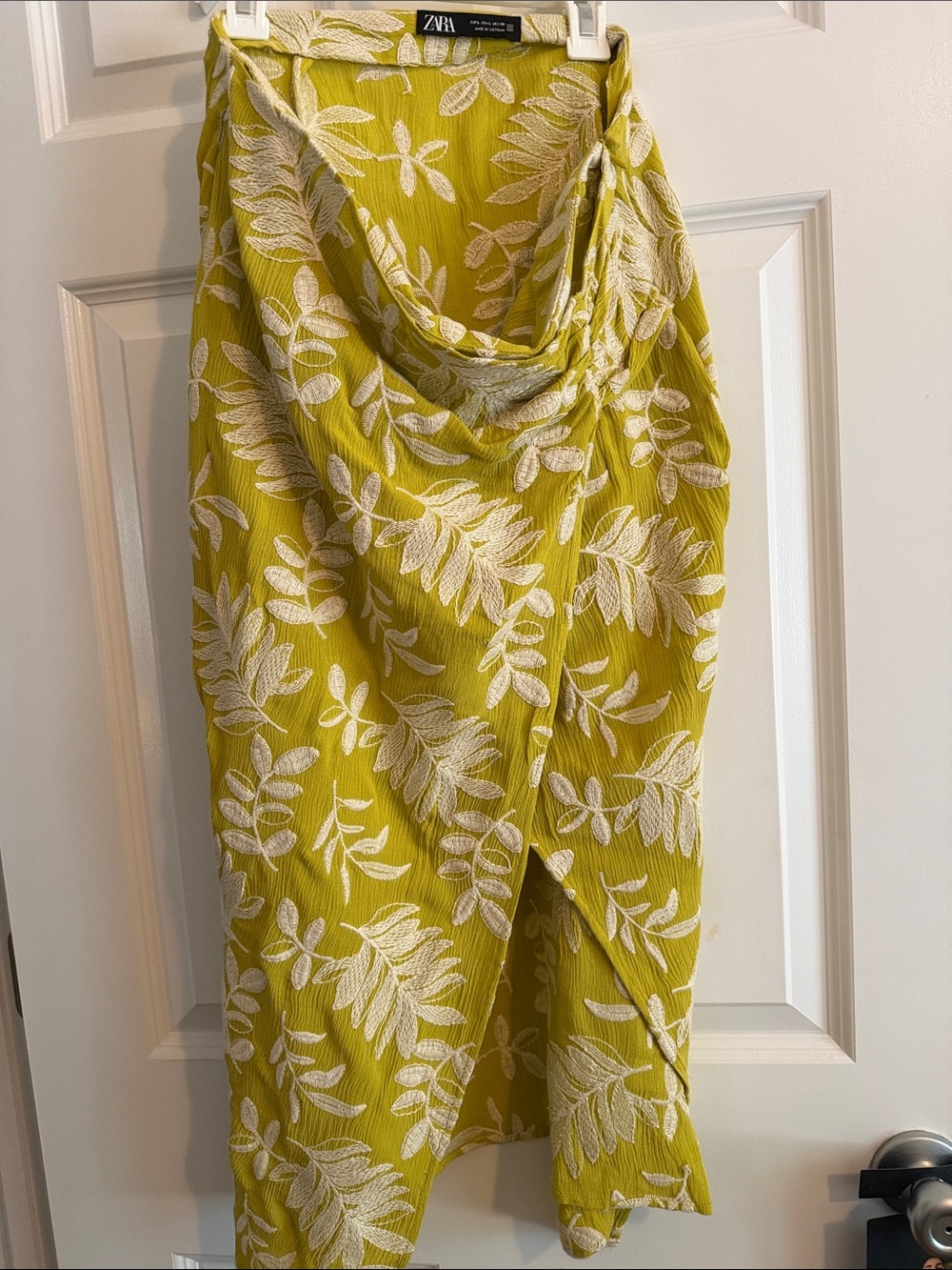 Zara Chartreuse Leaf-Print Draped Midi Skirt